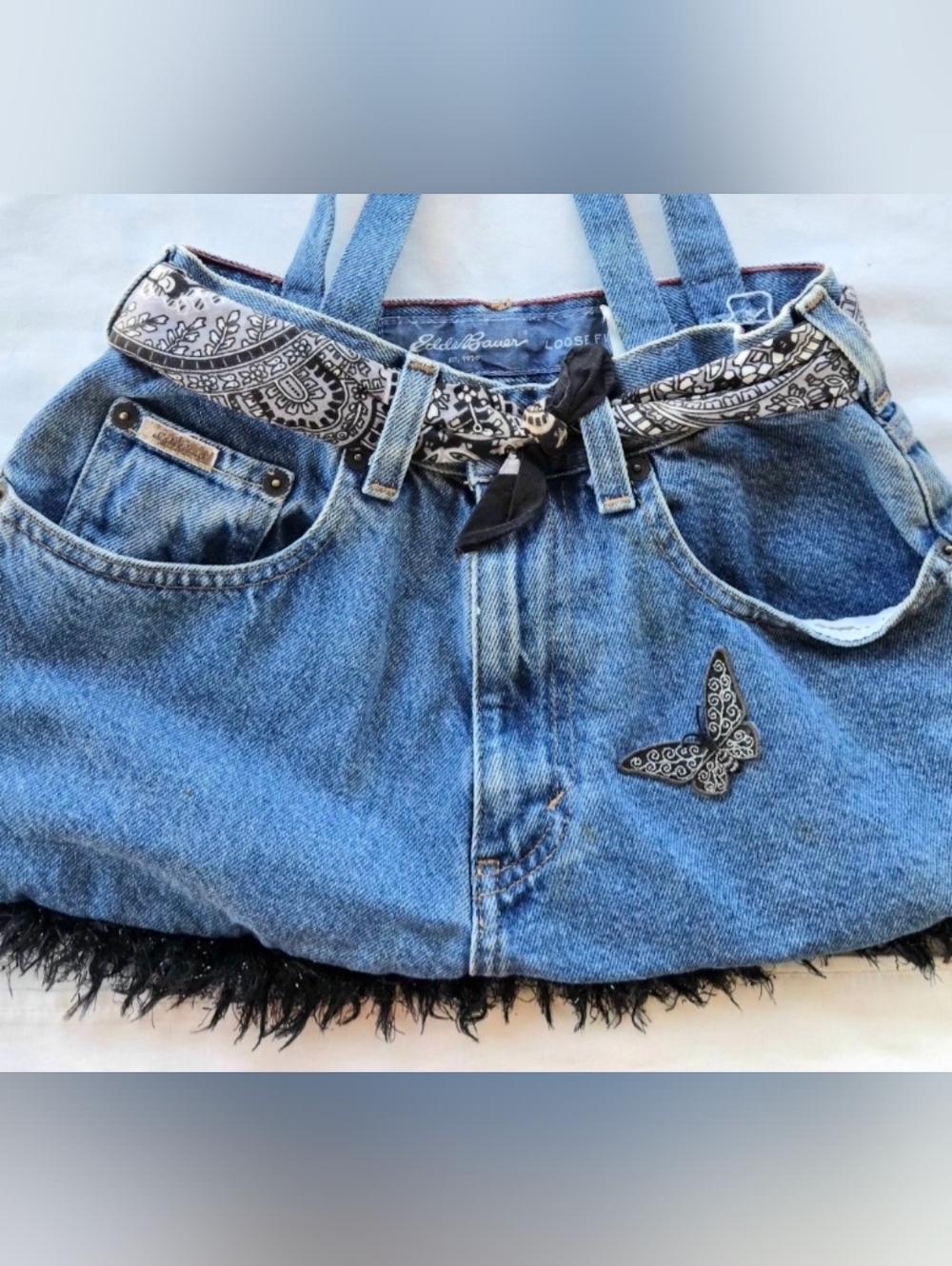 Vtg Upcycled Eddie Bauer Denim Tote Bag – Boho Y2K Butterfly & Bandana Purse